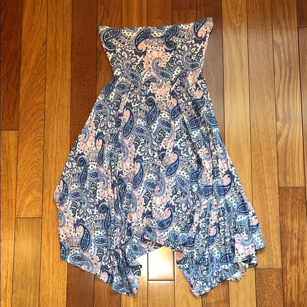 Express Strapless Pink & Blue Paisley Dress